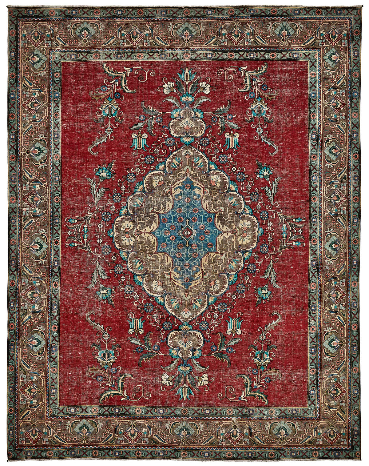 Rusvo Kırmızı Kahverengi Klasik Madalyon Desenli Yün El Dokuma Halı 303x392 cm