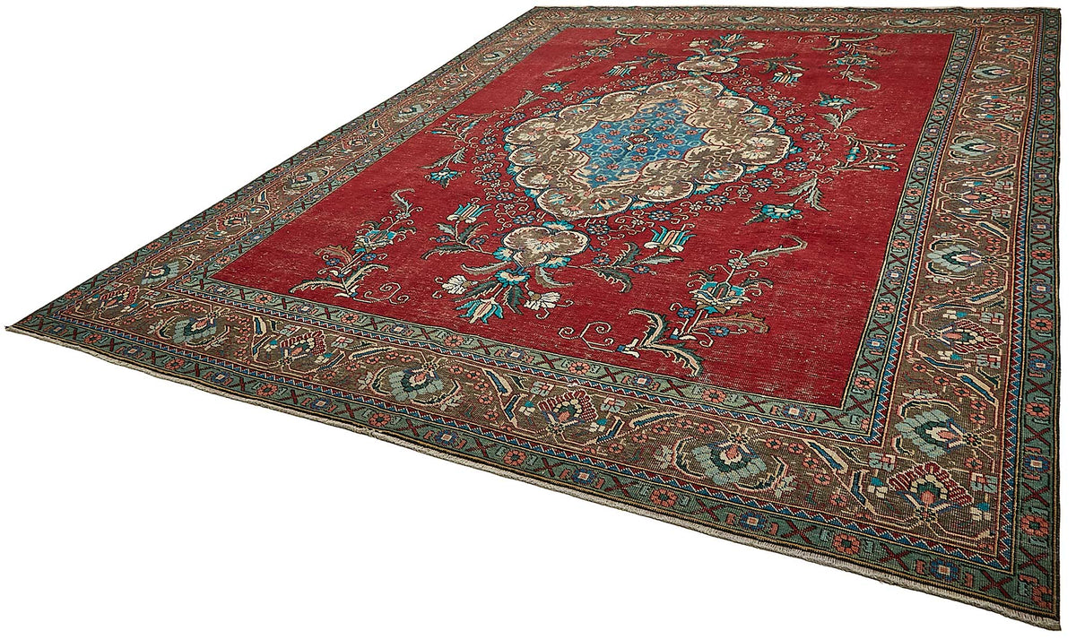 Rusvo Kırmızı Kahverengi Klasik Madalyon Desenli Yün El Dokuma Halı 303x392 cm – doku yakın çekim
