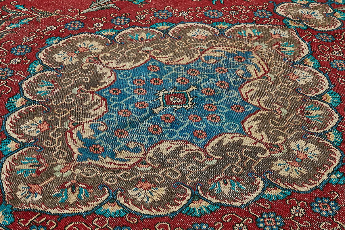 Rusvo Kırmızı Kahverengi Klasik Madalyon Desenli Yün El Dokuma Halı 303x392 cm – mekânda kullanım