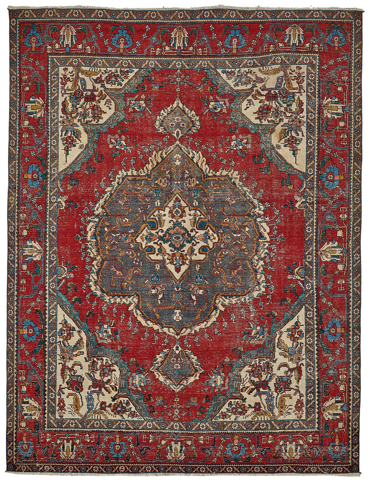 Rusvo Kırmızı Lacivert Madalyon Desenli Vintage Pamuk Yün Halı 295x380 cm