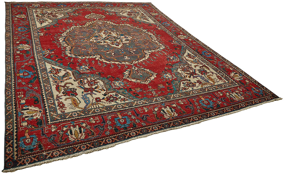 Rusvo Kırmızı Lacivert Madalyon Desenli Vintage Pamuk Yün Halı 295x380 cm – genel görünüm