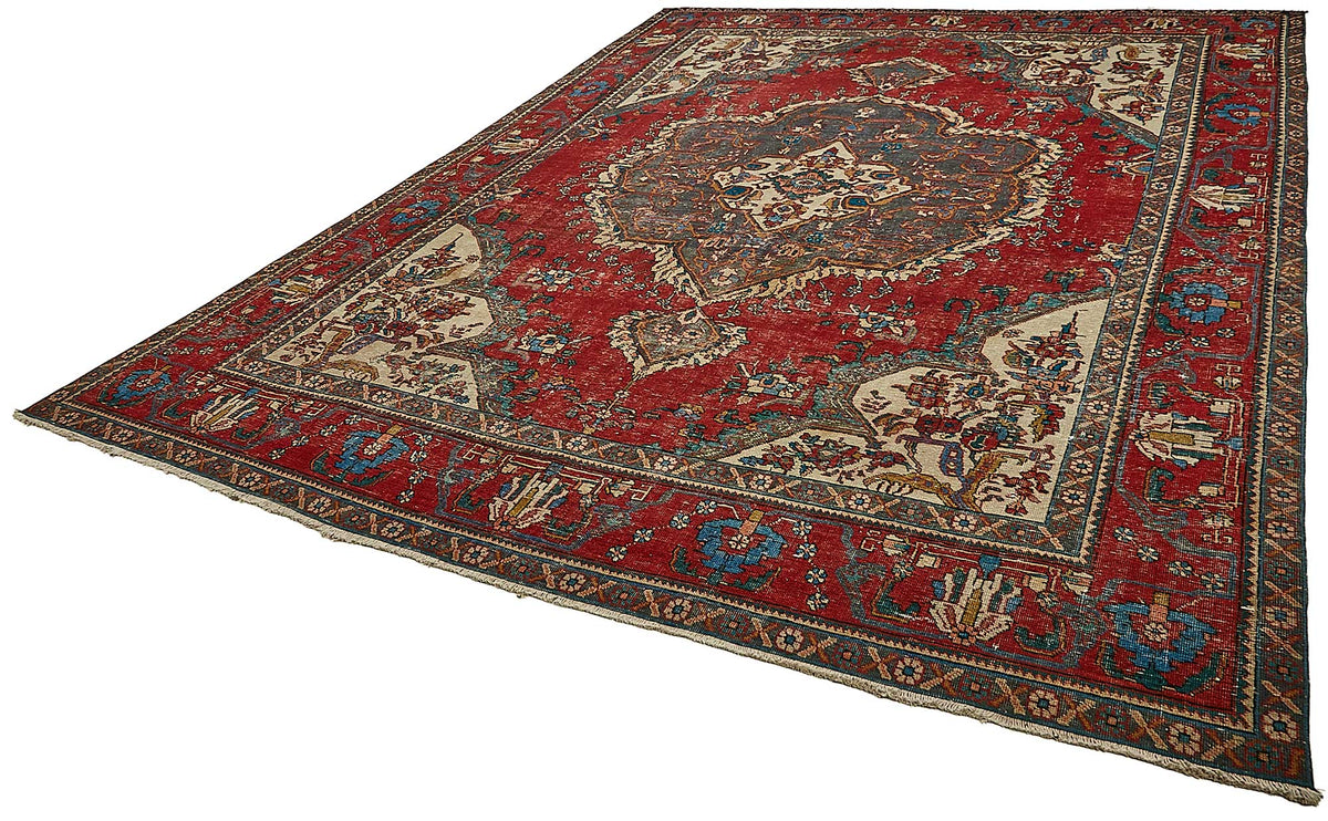Rusvo Kırmızı Lacivert Madalyon Desenli Vintage Pamuk Yün Halı 295x380 cm – doku yakın çekim