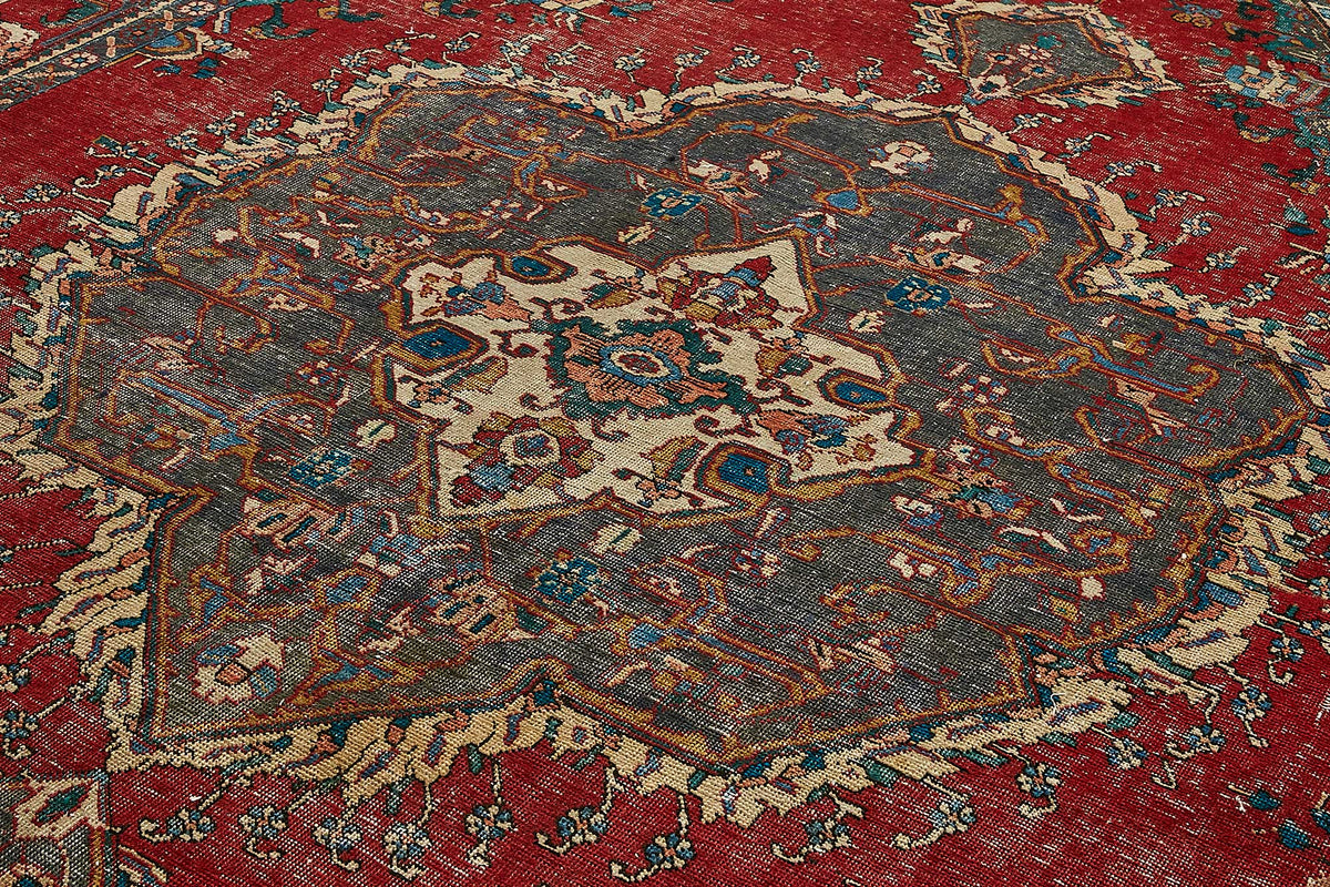 Rusvo Kırmızı Lacivert Madalyon Desenli Vintage Pamuk Yün Halı 295x380 cm – mekânda kullanım