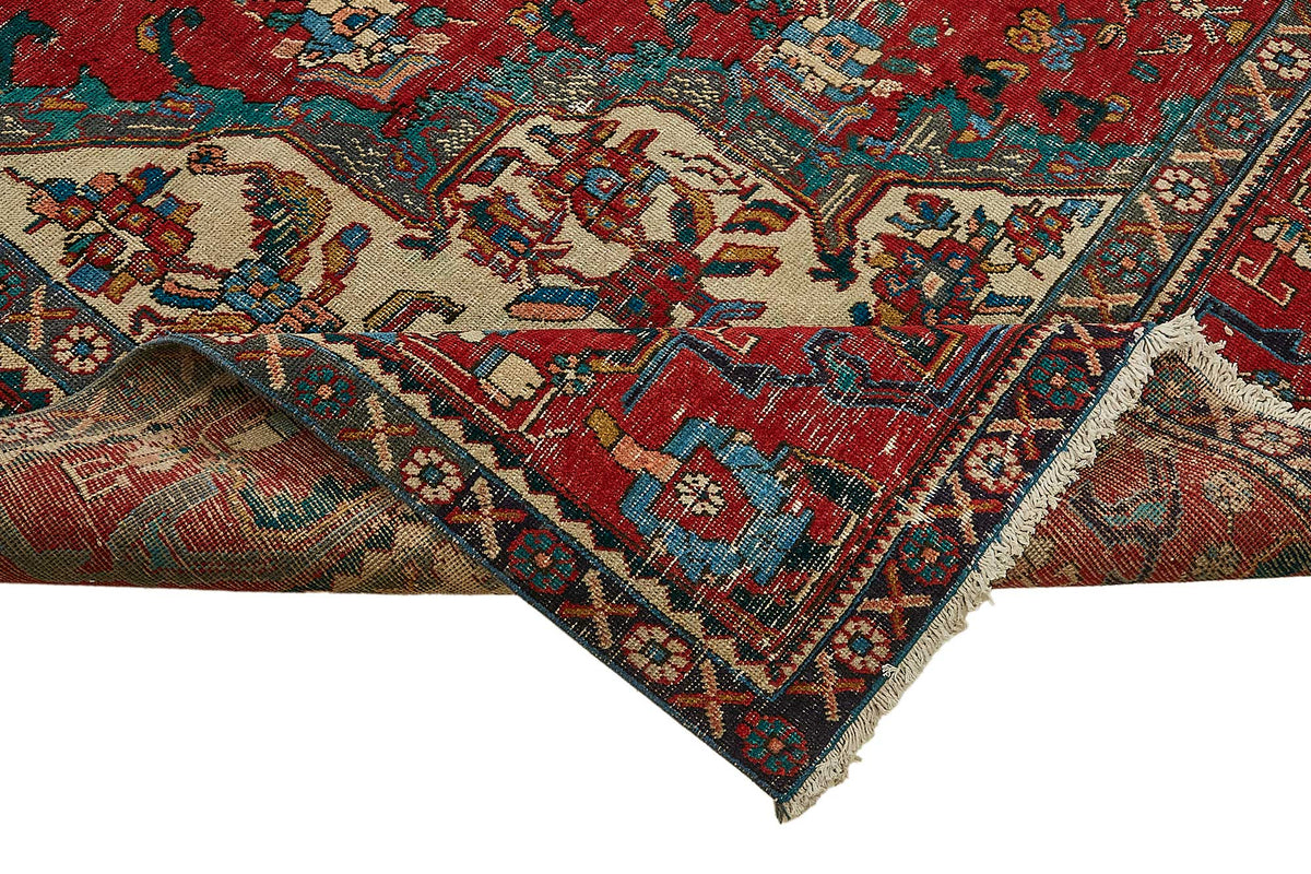 Rusvo Kırmızı Lacivert Madalyon Desenli Vintage Pamuk Yün Halı 295x380 cm – kenar detayı