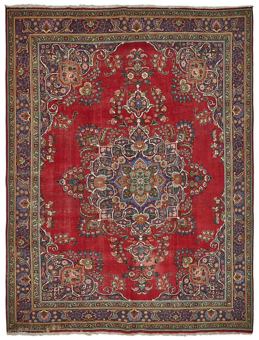 Alfombra Rusvo vintage roja con diseño de medallones azul marino 291x387 cm