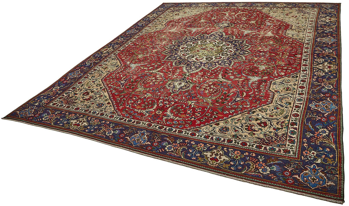 Rusvo Vintage Kırmızı Lacivert Madalyon Desenli Halı 274x363 cm – doku yakın çekim