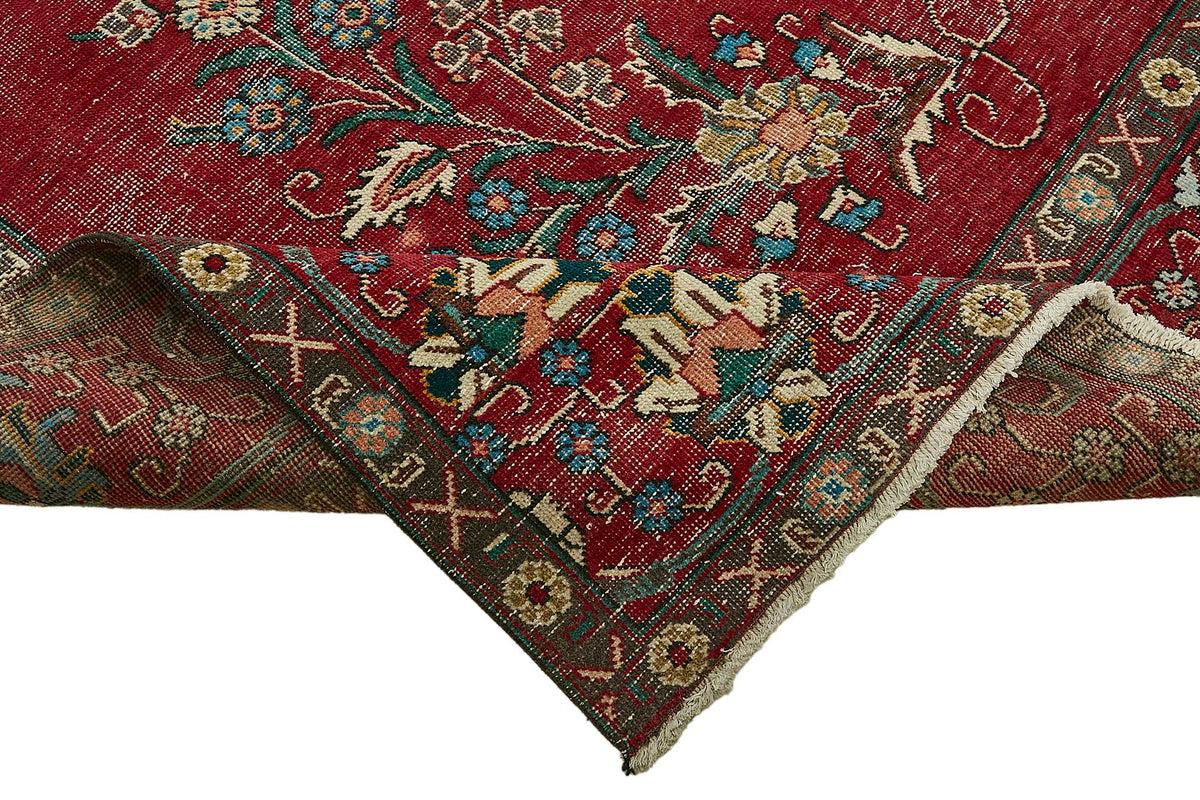 Rusvo Madalyon Desenli Kırmızı Dokuma Vintage Halı 289x390 cm – kenar detayı