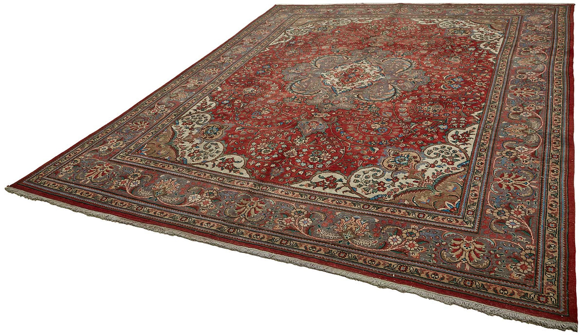 Rusvo Kırmızı Madalyon Desenli Yün Vintage Halı 288x374 cm – doku yakın çekim