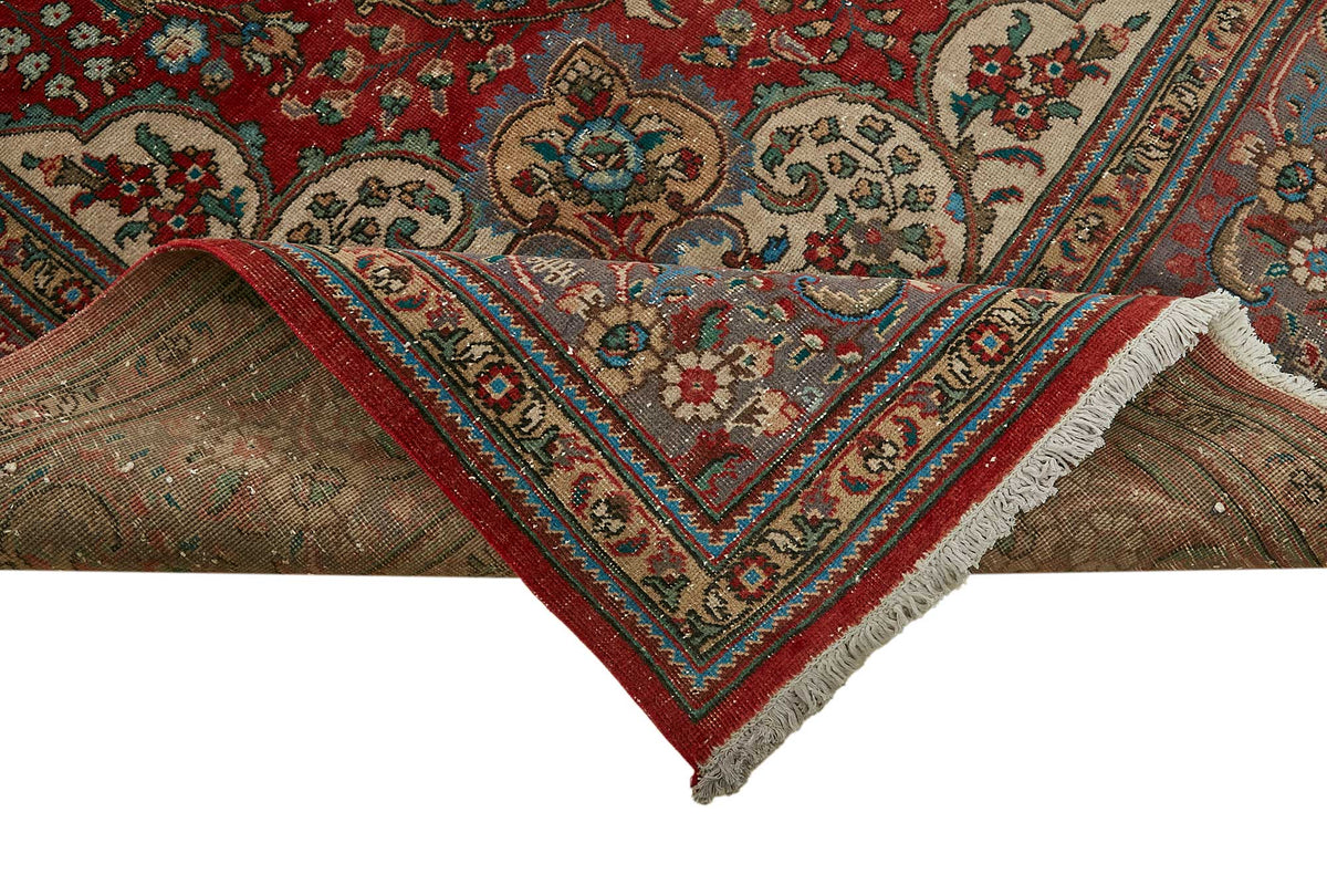Rusvo Kırmızı Madalyon Desenli Yün Vintage Halı 288x374 cm – kenar detayı