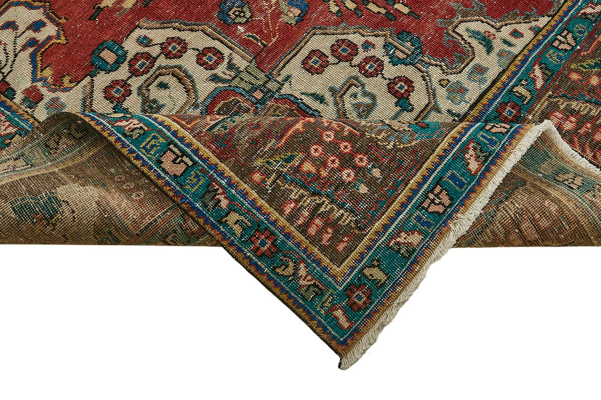 Rusvo Madalyon Desenli Kırmızı Vintage Halı 286x374 cm – kenar detayı