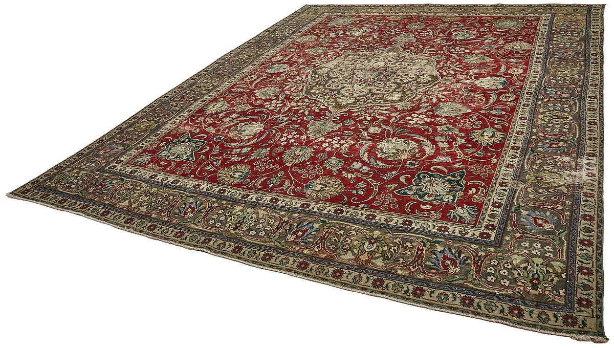 Rusvo Kırmızı Madalyon Desenli Yün Kırmızı Vintage Halı 292x387 cm – doku yakın çekim