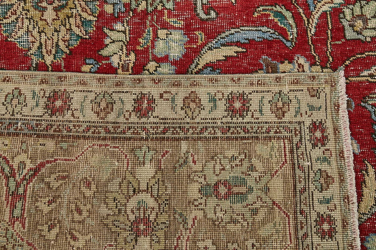 Rusvo Kırmızı Madalyon Desenli Yün Kırmızı Vintage Halı 292x387 cm – arka yüz görünümü