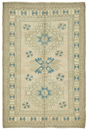 Kavale Etnik Geometrik Desenli Bej Mavi Vintage El Dokuma Halı 176x266 cm