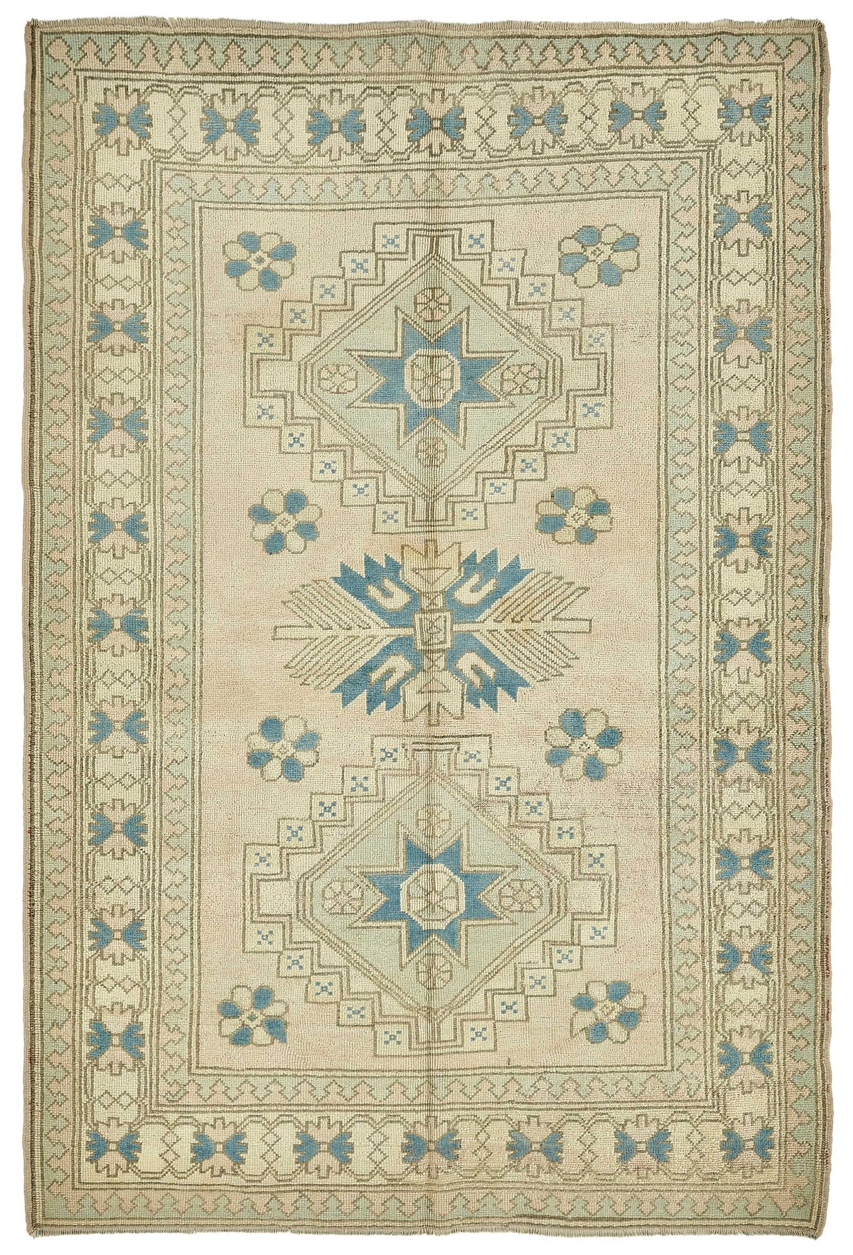 Kavale Etnik Geometrik Desenli Bej Mavi Vintage El Dokuma Halı 176x266 cm