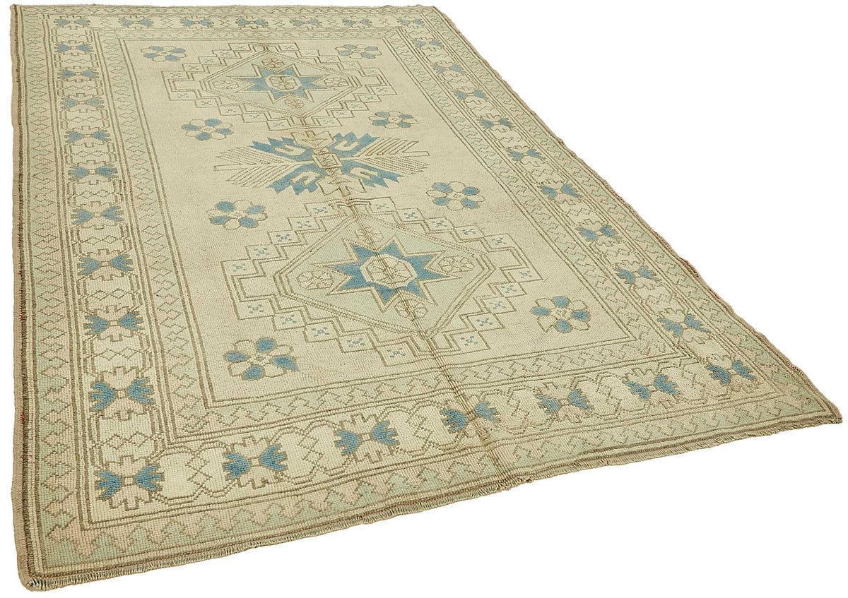 Kavale Etnik Geometrik Desenli Bej Mavi Vintage El Dokuma Halı 176x266 cm – genel görünüm