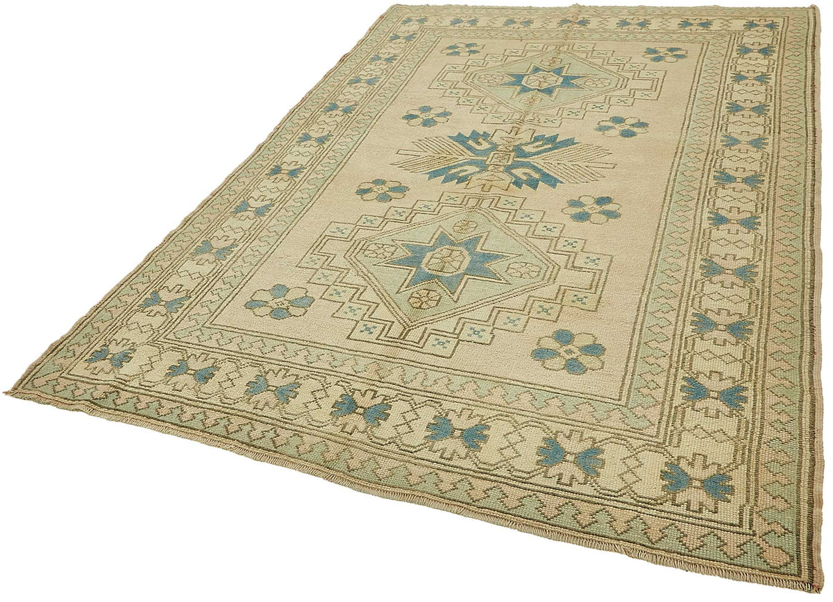 Kavale Etnik Geometrik Desenli Bej Mavi Vintage El Dokuma Halı 176x266 cm – doku yakın çekim