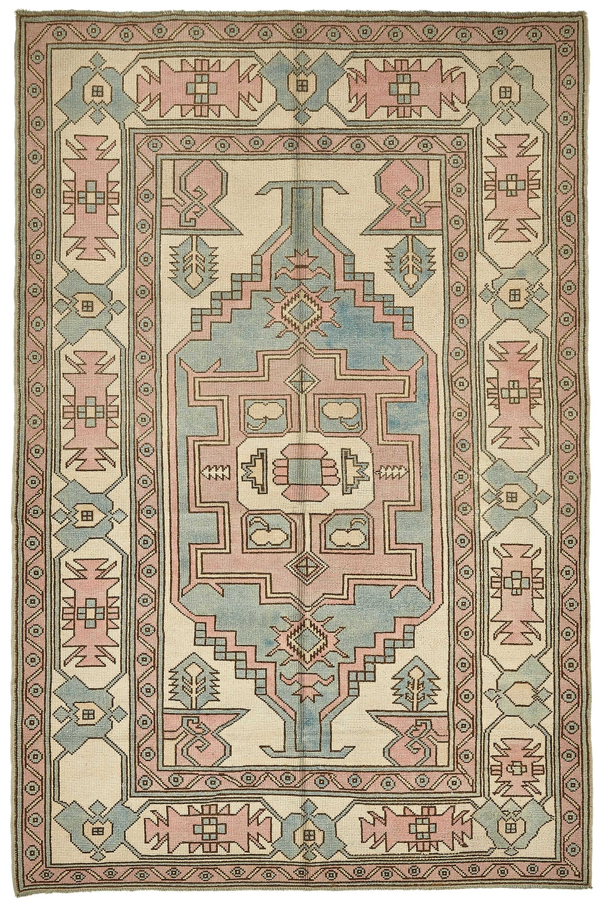 Kavale Bej ve Pembe Geometrik Desenli Yün El Dokuma Halı 179x270 cm