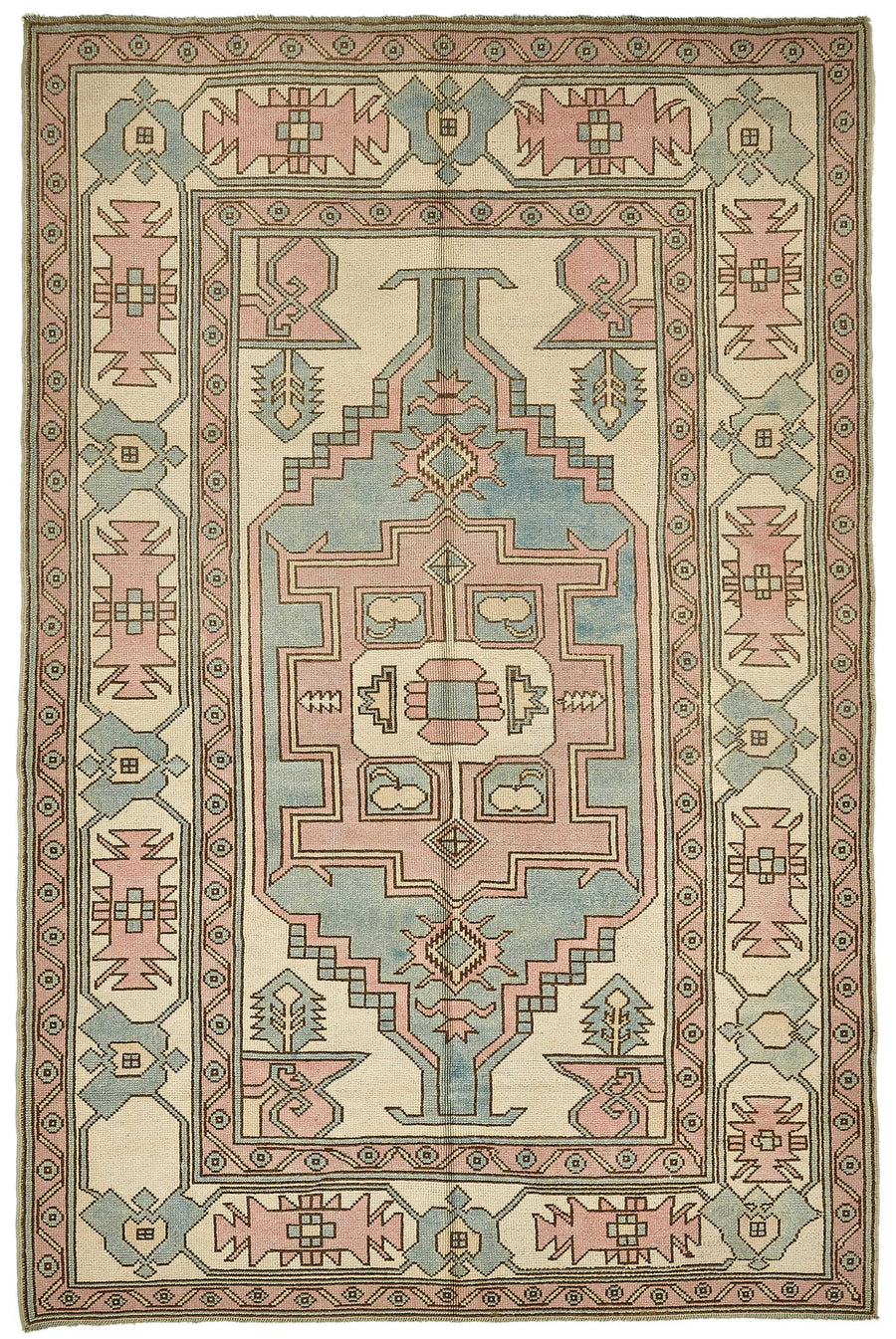 Kavale Bej ve Pembe Geometrik Desenli Yün El Dokuma Halı 179x270 cm