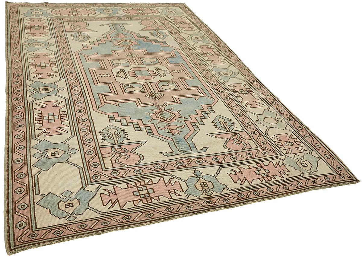 Kavale Bej ve Pembe Geometrik Desenli Yün El Dokuma Halı 179x270 cm – genel görünüm