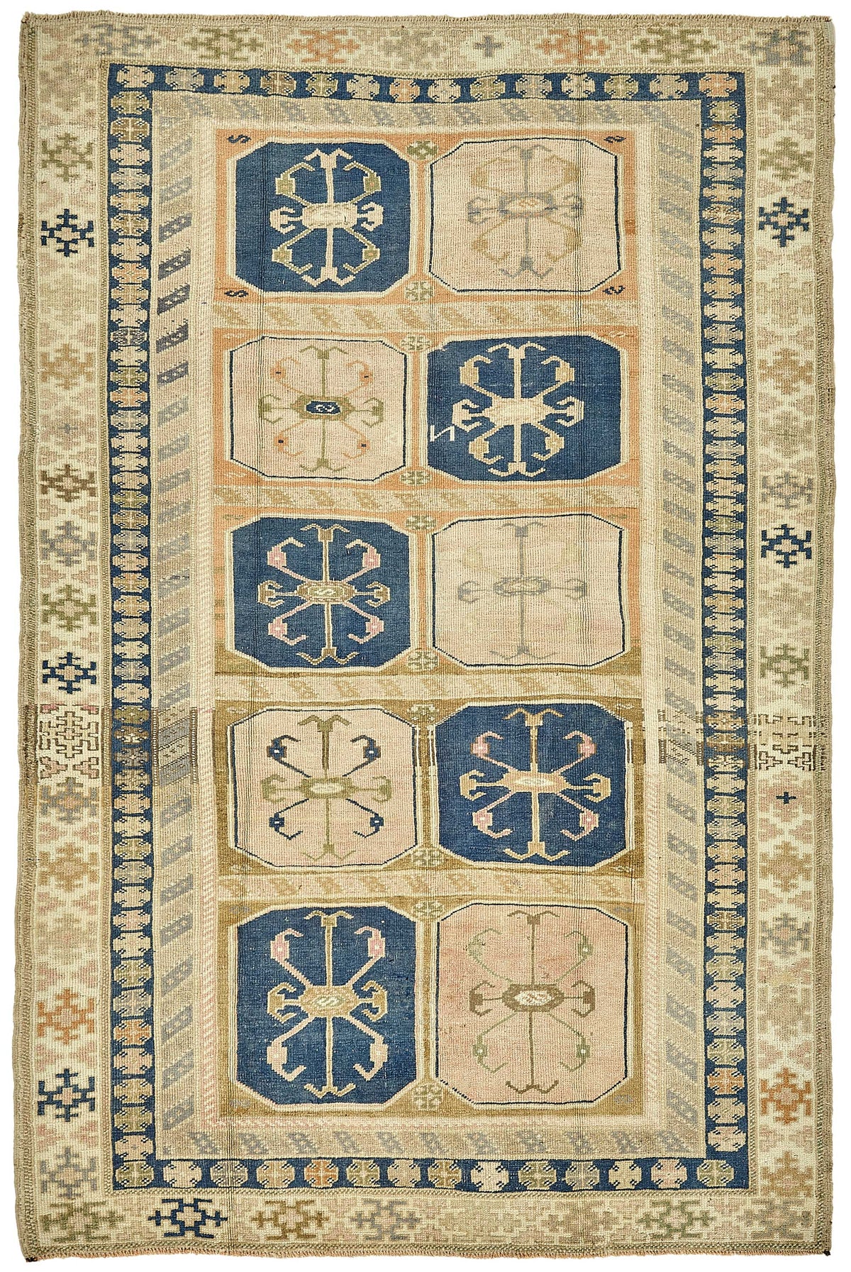 Kavale Bej Lacivert Madalyon Desenli Yün El Dokuma Halı 167x250 cm