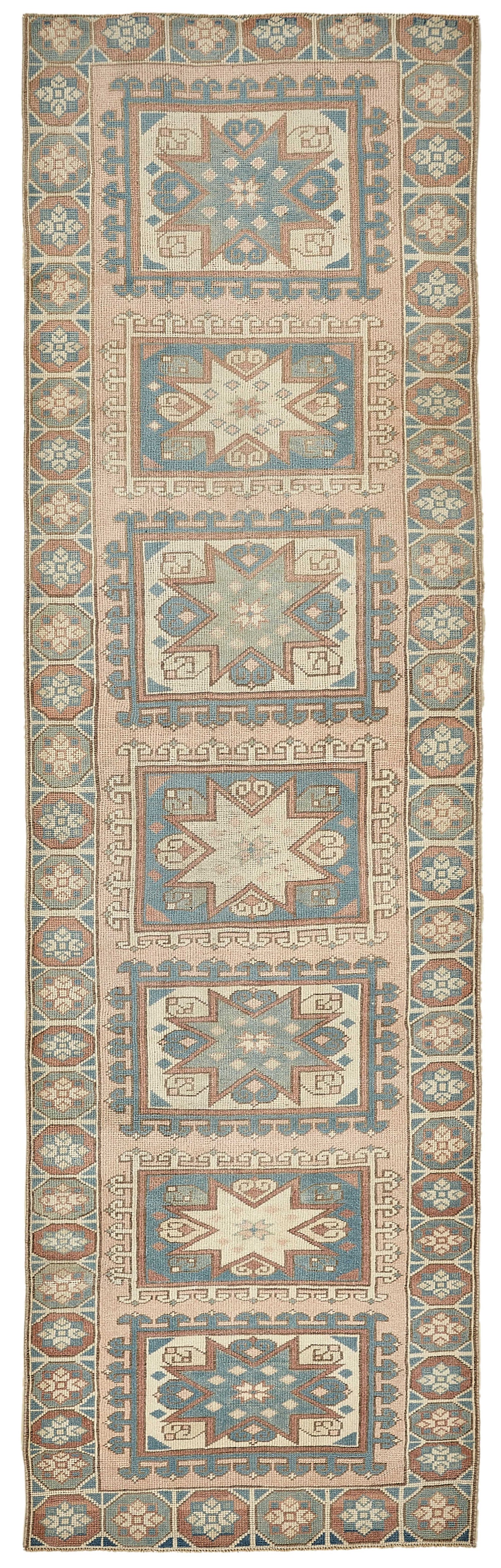 Kovena Pembe Mavi Madalyon Desenli El Dokuma Halı 89x292 cm
