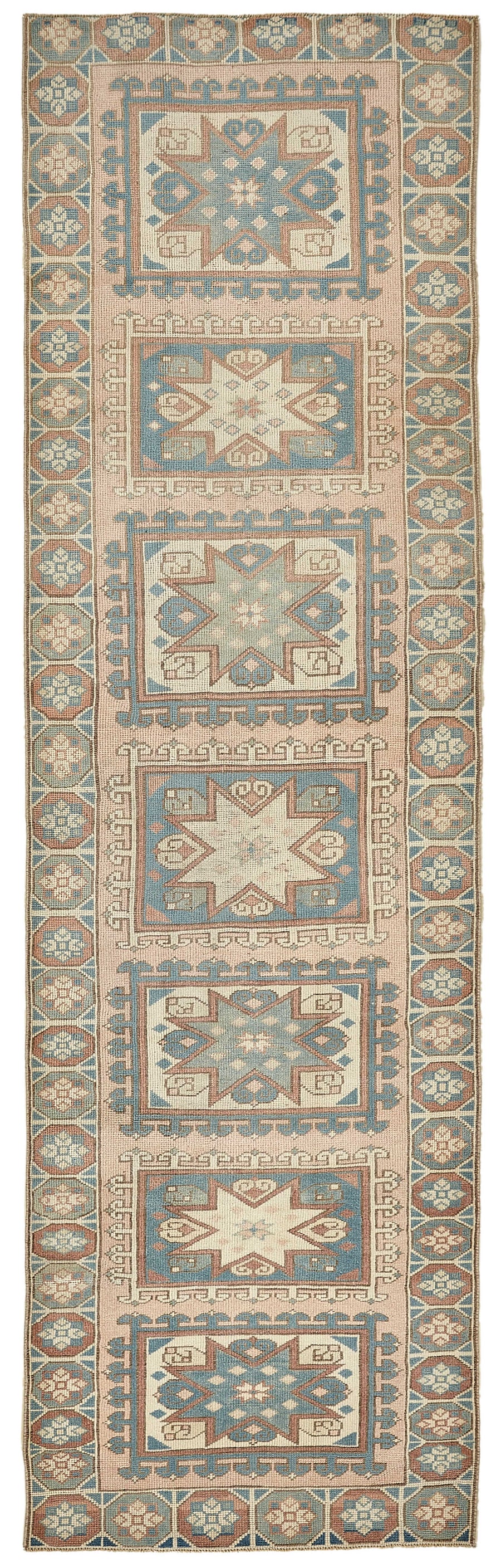 Kovena Pembe Mavi Madalyon Desenli El Dokuma Halı 89x292 cm