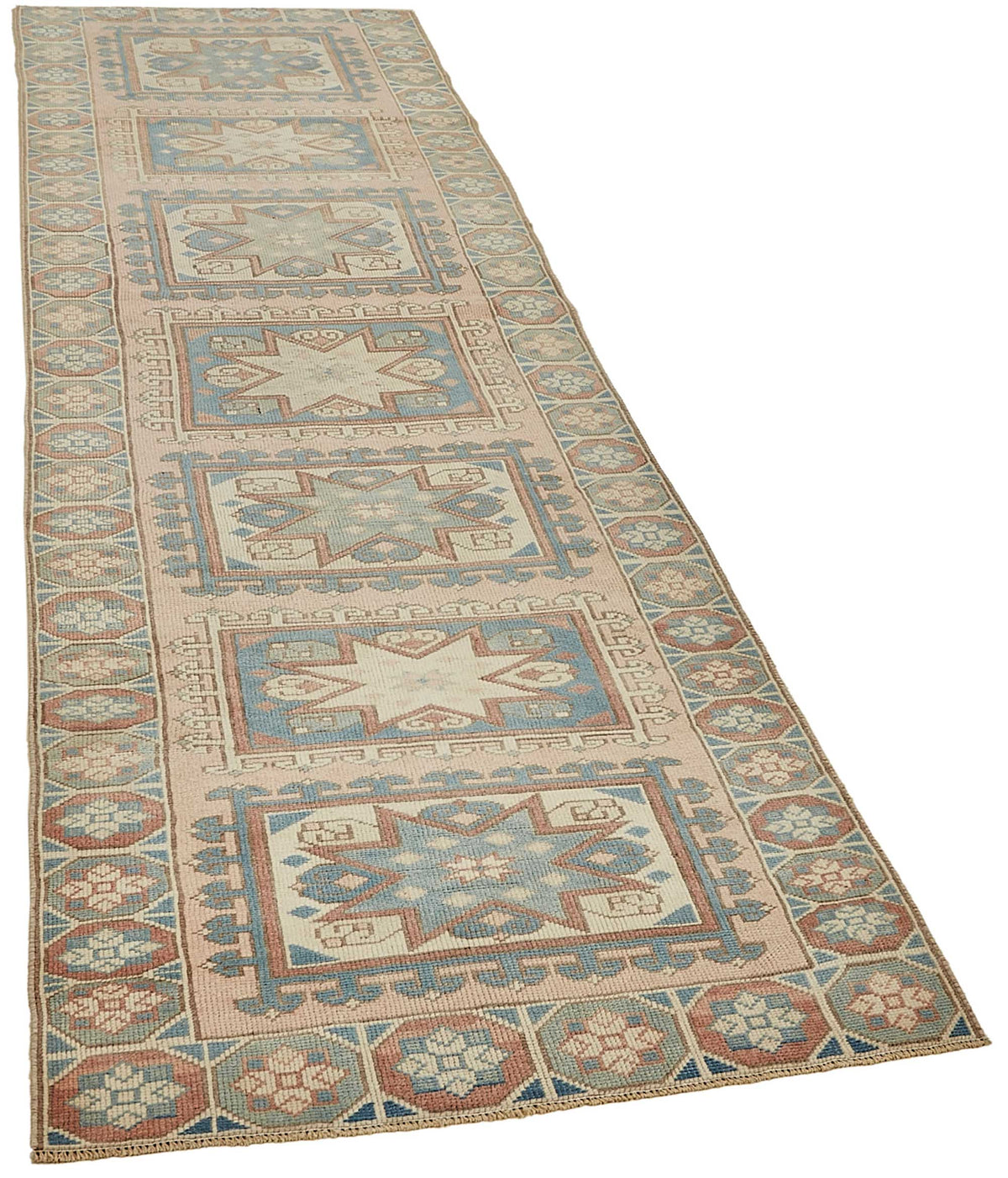 Kovena Pembe Mavi Madalyon Desenli El Dokuma Halı 89x292 cm – genel görünüm