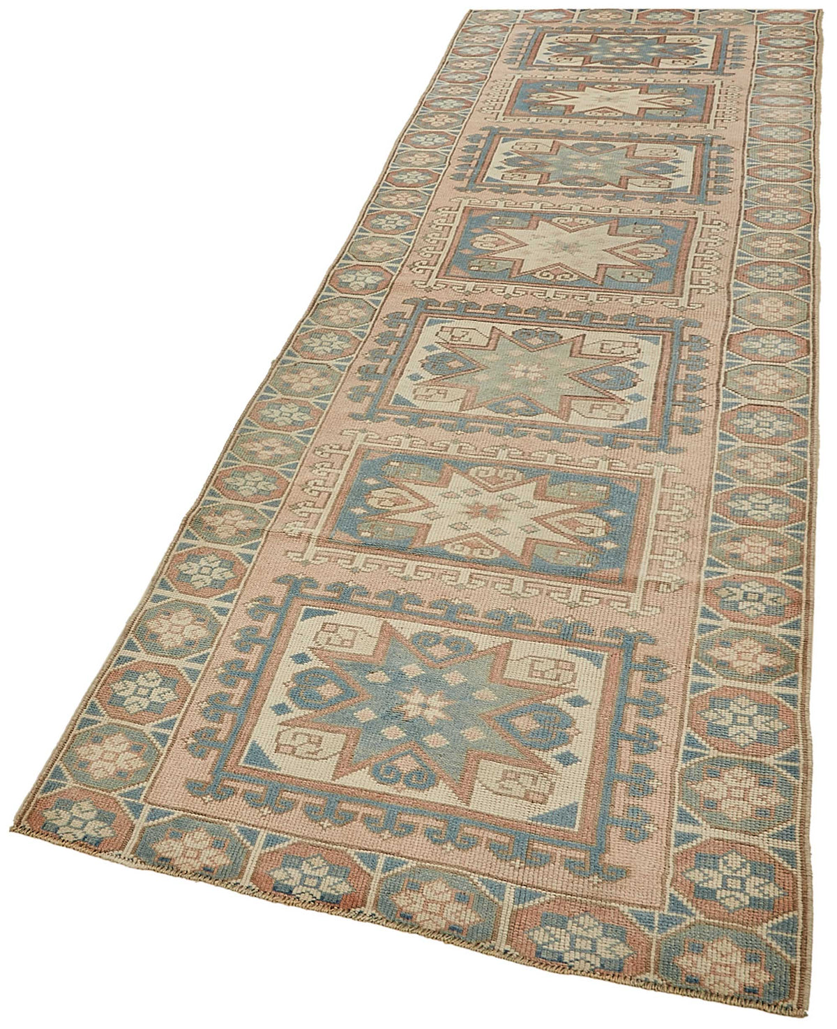 Kovena Pembe Mavi Madalyon Desenli El Dokuma Halı 89x292 cm – doku yakın çekim