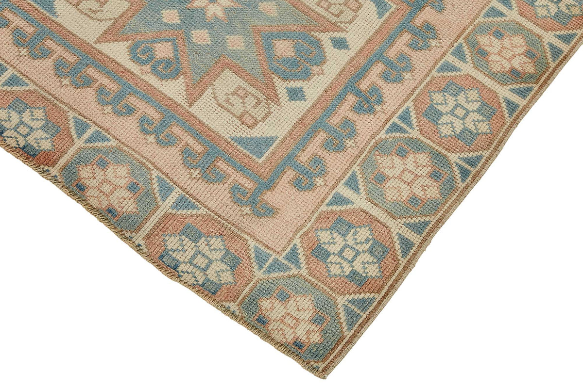 Kovena Pembe Mavi Madalyon Desenli El Dokuma Halı 89x292 cm – detay görünümü