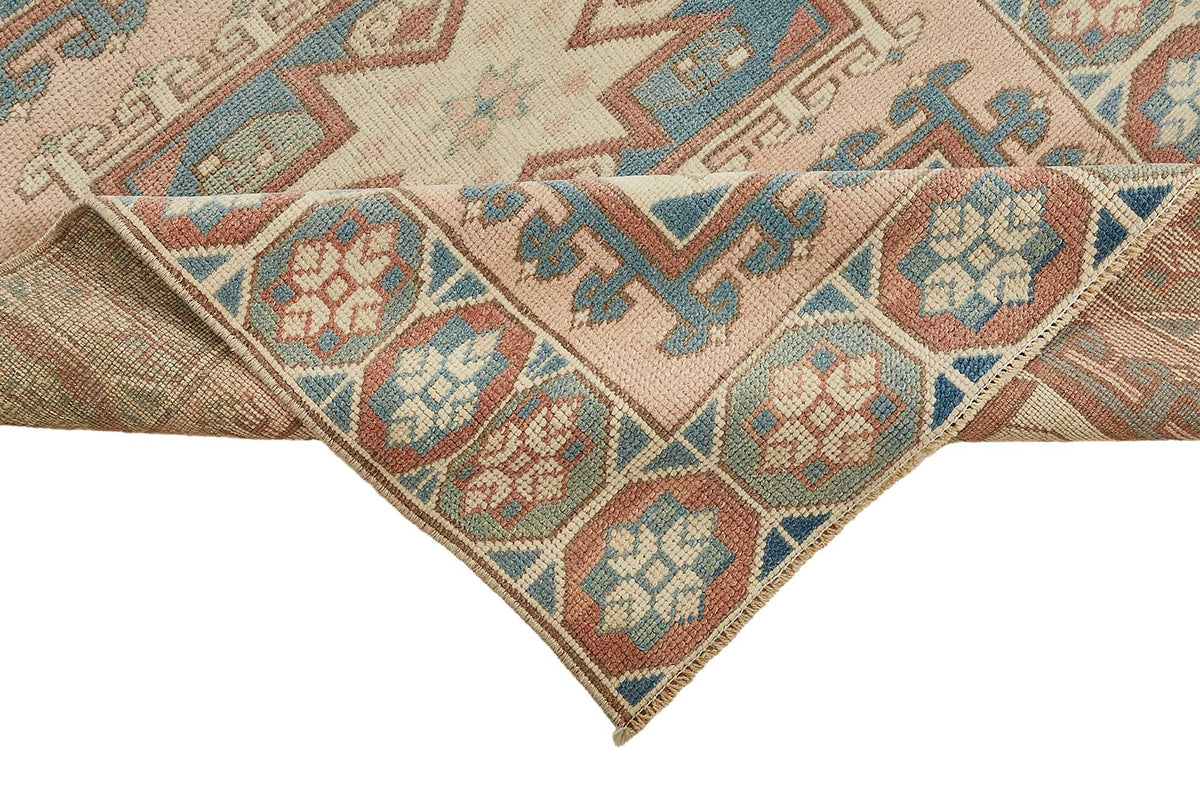 Kovena Pembe Mavi Madalyon Desenli El Dokuma Halı 89x292 cm – kenar detayı