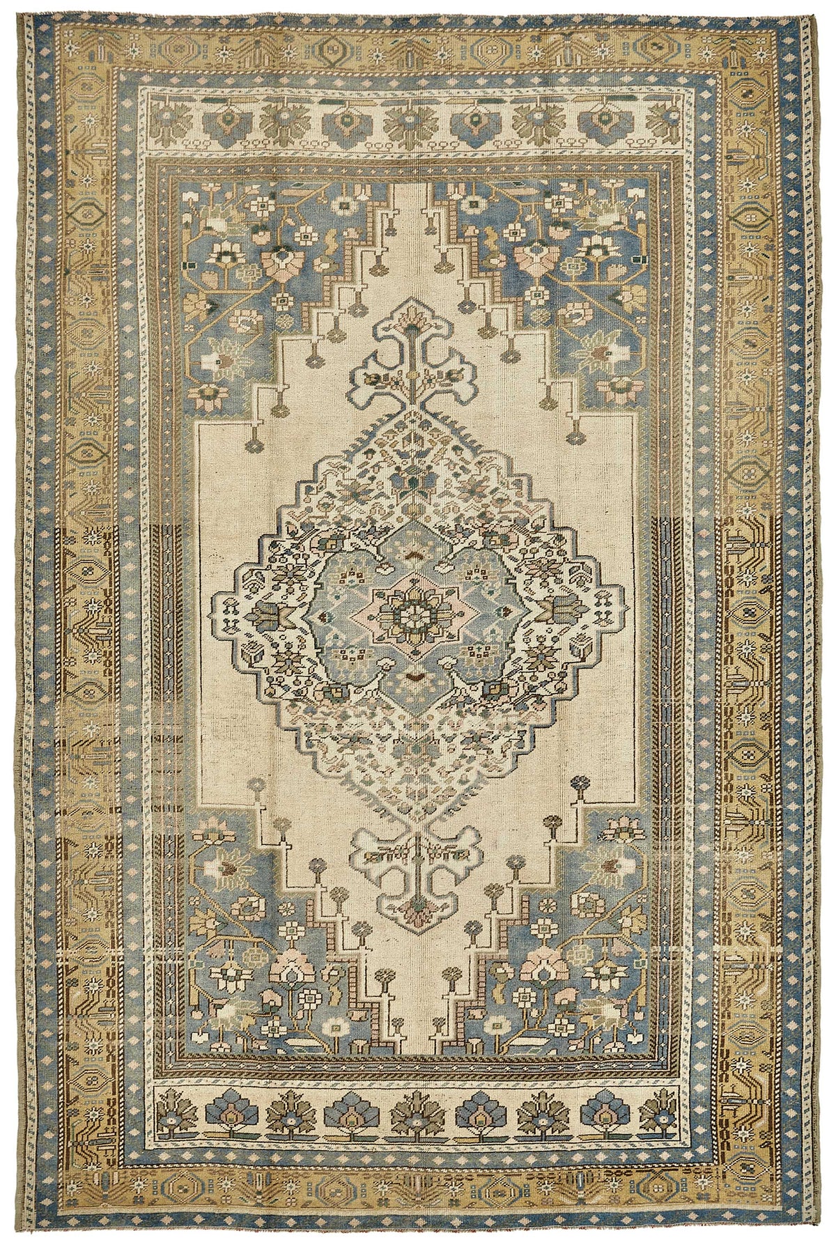 Kavale Vintage Bej Mavi Madalyon Desenli El Dokuma Halı 197x298 cm 49784