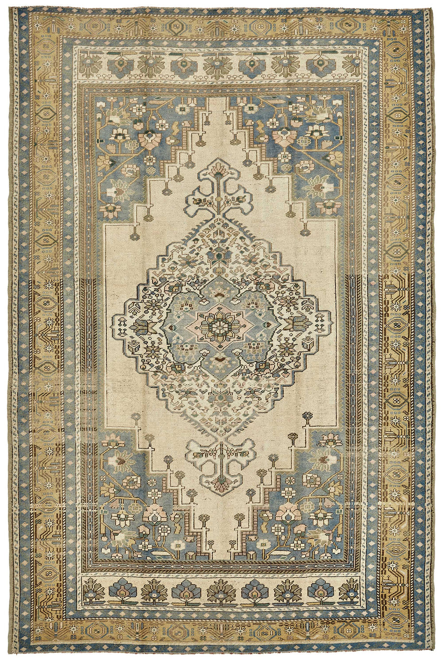 Kavale Vintage Bej Mavi Madalyon Desenli El Dokuma Halı 197x298 cm 49784