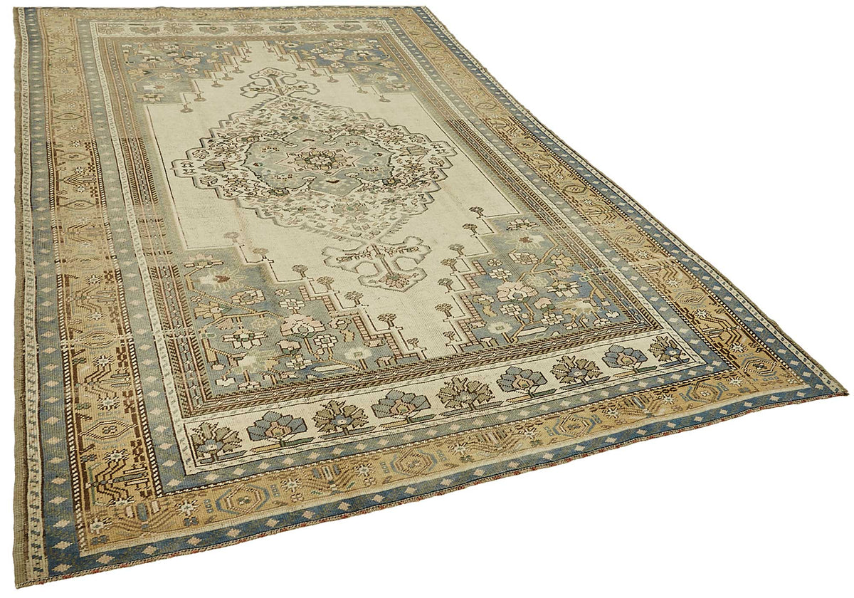 Kavale Vintage Bej Mavi Madalyon Desenli El Dokuma Halı 197x298 cm 49784 – genel görünüm