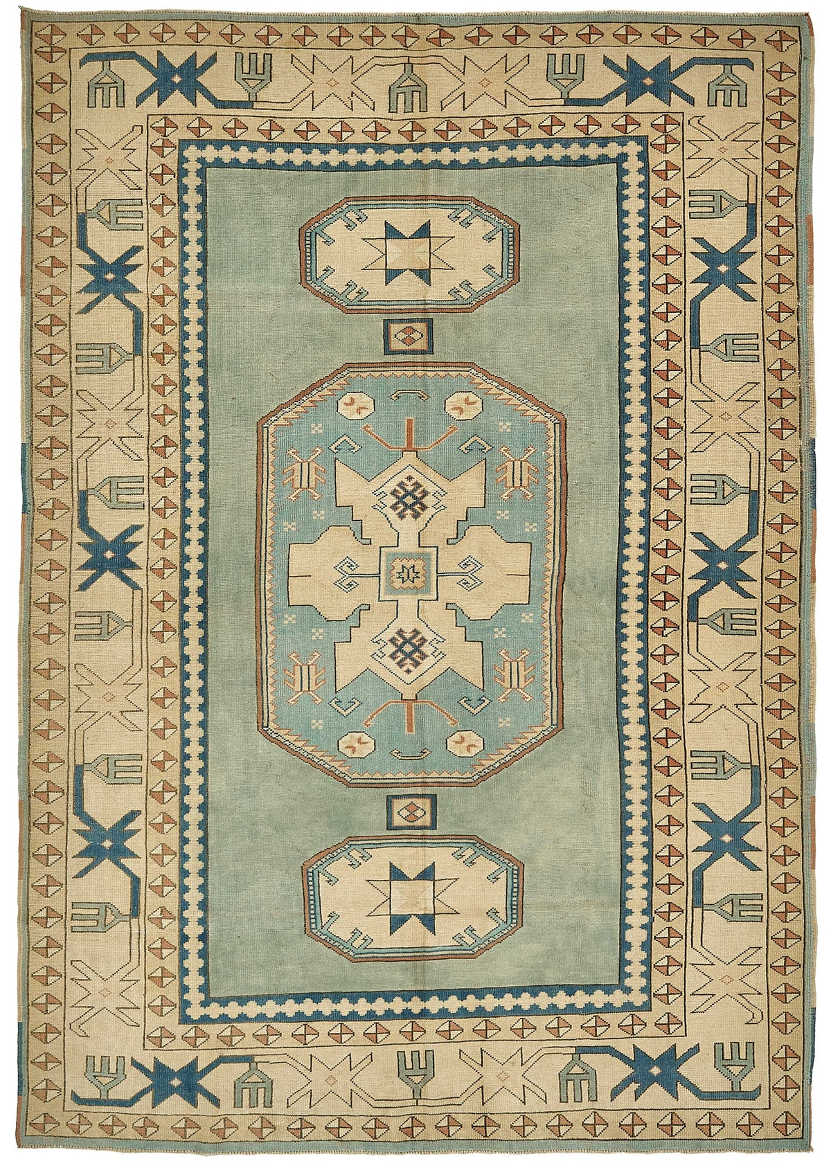 Kavale Turkuaz Bej Madalyon Desenli El Dokuma Halı 210x297 cm