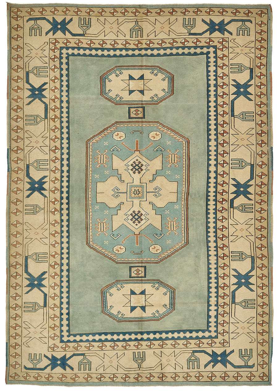 Kavale Turkuaz Bej Madalyon Desenli El Dokuma Halı 210x297 cm