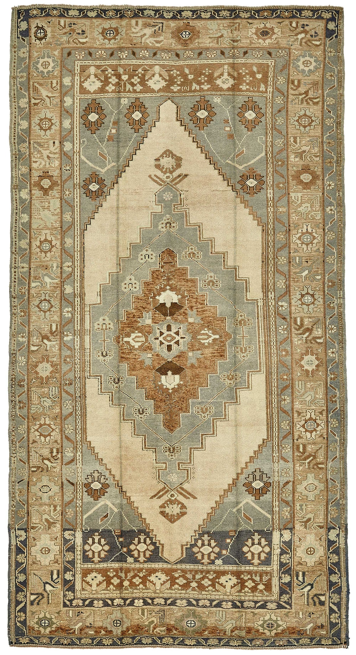 Kavale Gri Mavi ve Bej Geometrik Desenli Yün Halı 161x300 cm