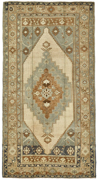 Kavale Gri Mavi ve Bej Geometrik Desenli Yün Halı 161x300 cm