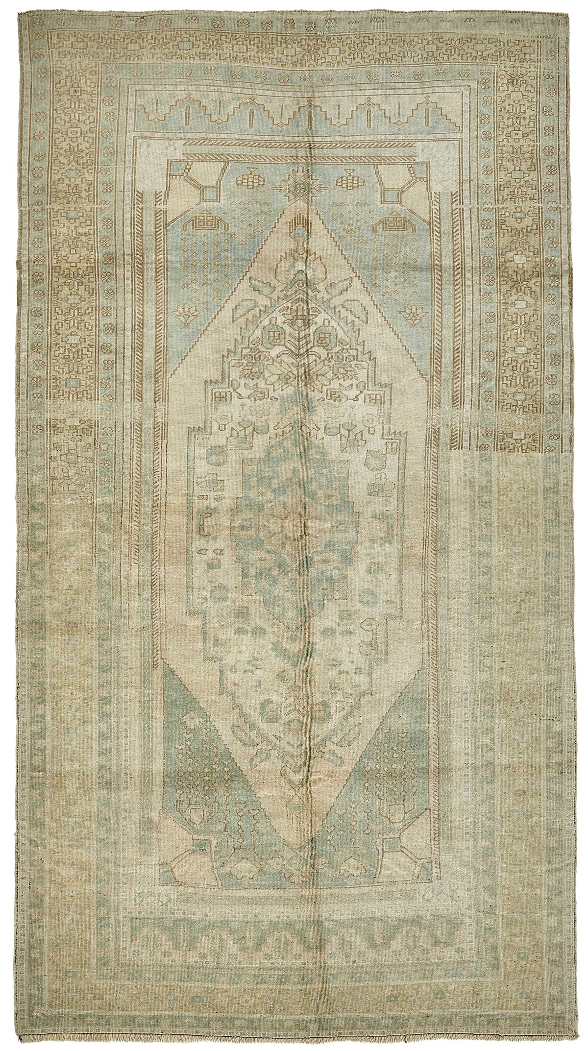 Kavale Anadolu Halısı Bej Mavi Madalyon Desenli Vintage 162x300 cm