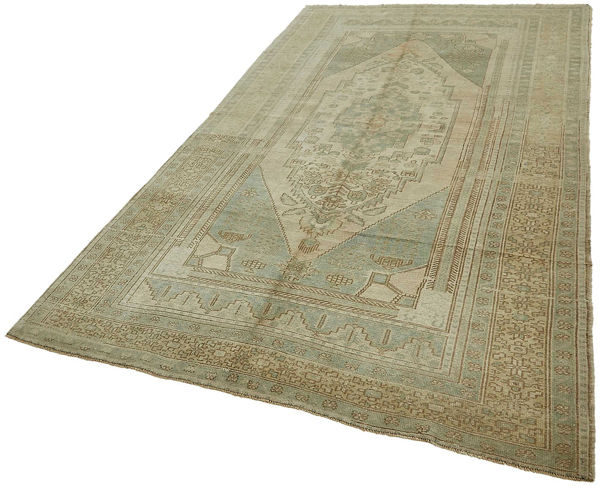 Kavale Anadolu Halısı Bej Mavi Madalyon Desenli Vintage 162x300 cm – doku yakın çekim