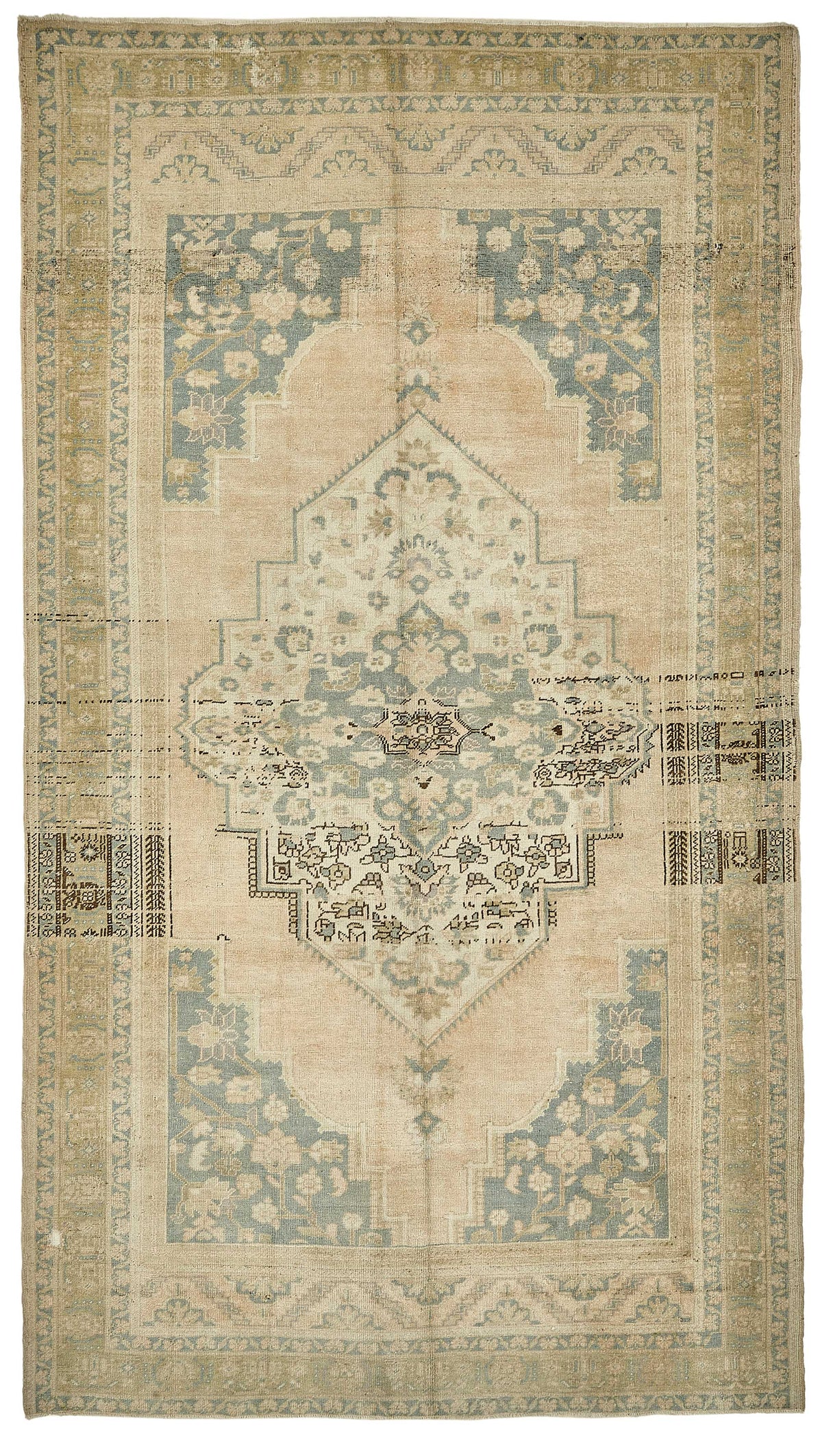 Kavale Bej Mavi Madalyon Desenli El Dokuma Halı 188x335 cm