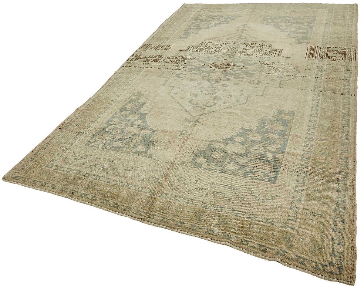 Kavale Bej Mavi Madalyon Desenli El Dokuma Halı 188x335 cm – doku yakın çekim