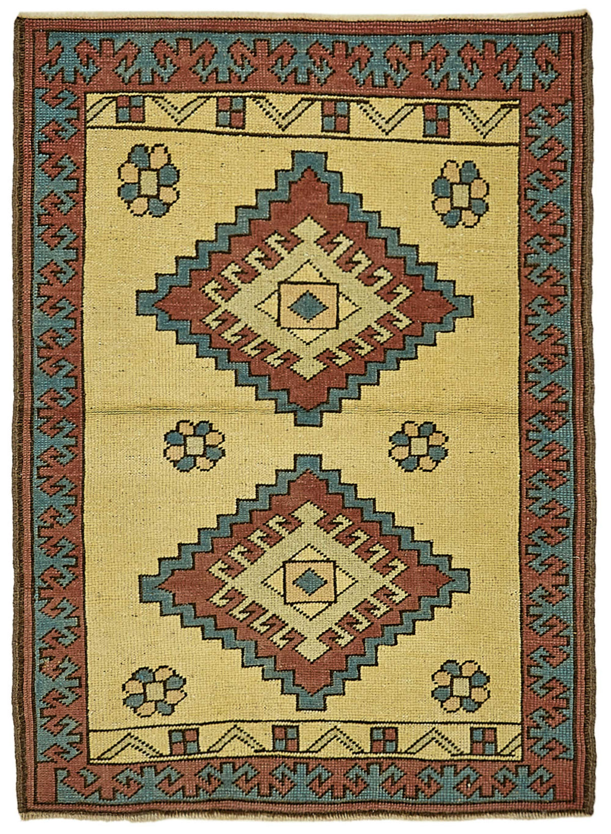 Gekro Sarı Kırmızı Madalyon Göbek Geometrik El Dokuma Halı 84x115 cm