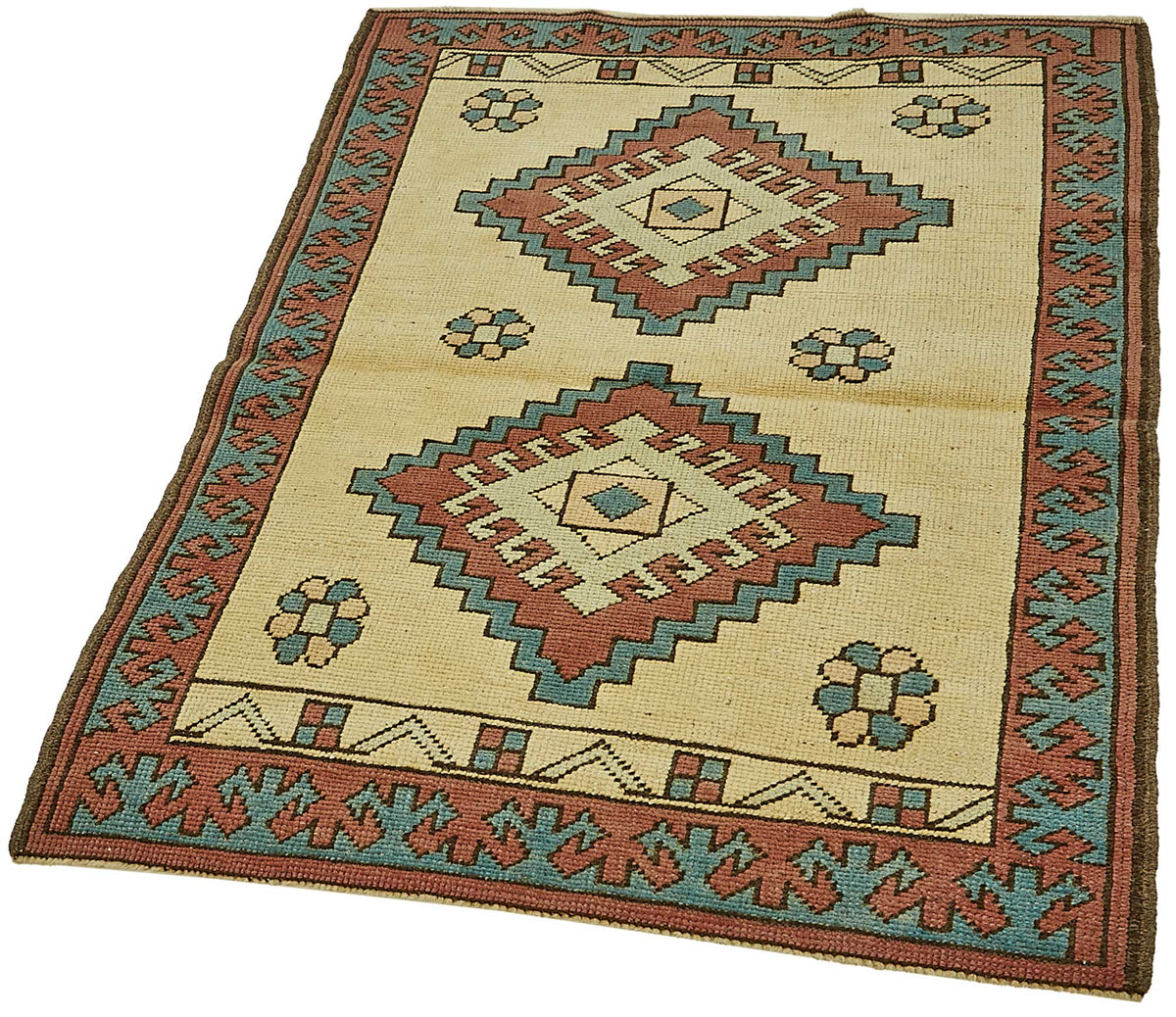 Gekro Sarı Kırmızı Madalyon Göbek Geometrik El Dokuma Halı 84x115 cm – doku yakın çekim