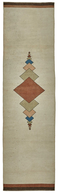Passatoia Kovena beige e marrone moderna geometrica in lana e cotone tessuta a mano 83x285 cm