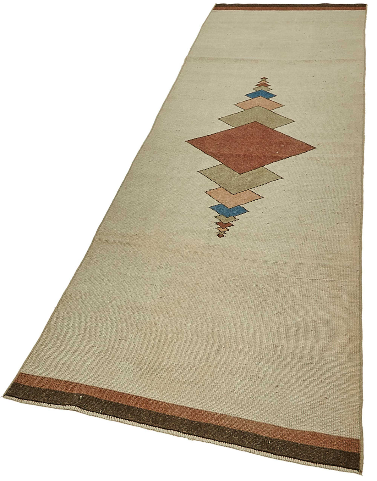 Kovena Bej Kahverengi Modern Geometrik Desenli Yün Pamuk El Dokuma Yolluk 83x285 cm – doku yakın çekim