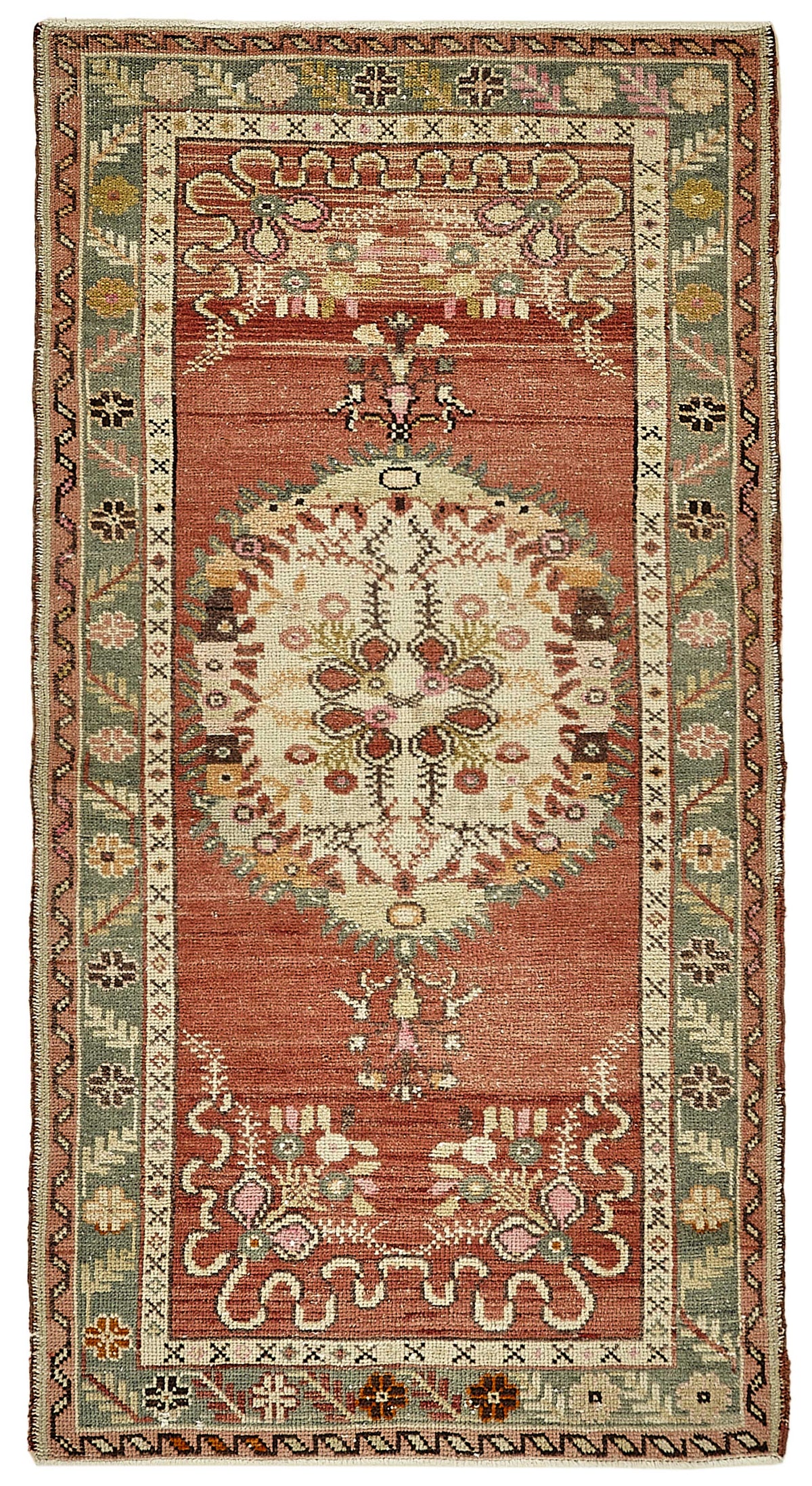 Gekro Kırmızı Madalyon Desenli Yün ve Pamuk Etnik Halı 85x161 cm