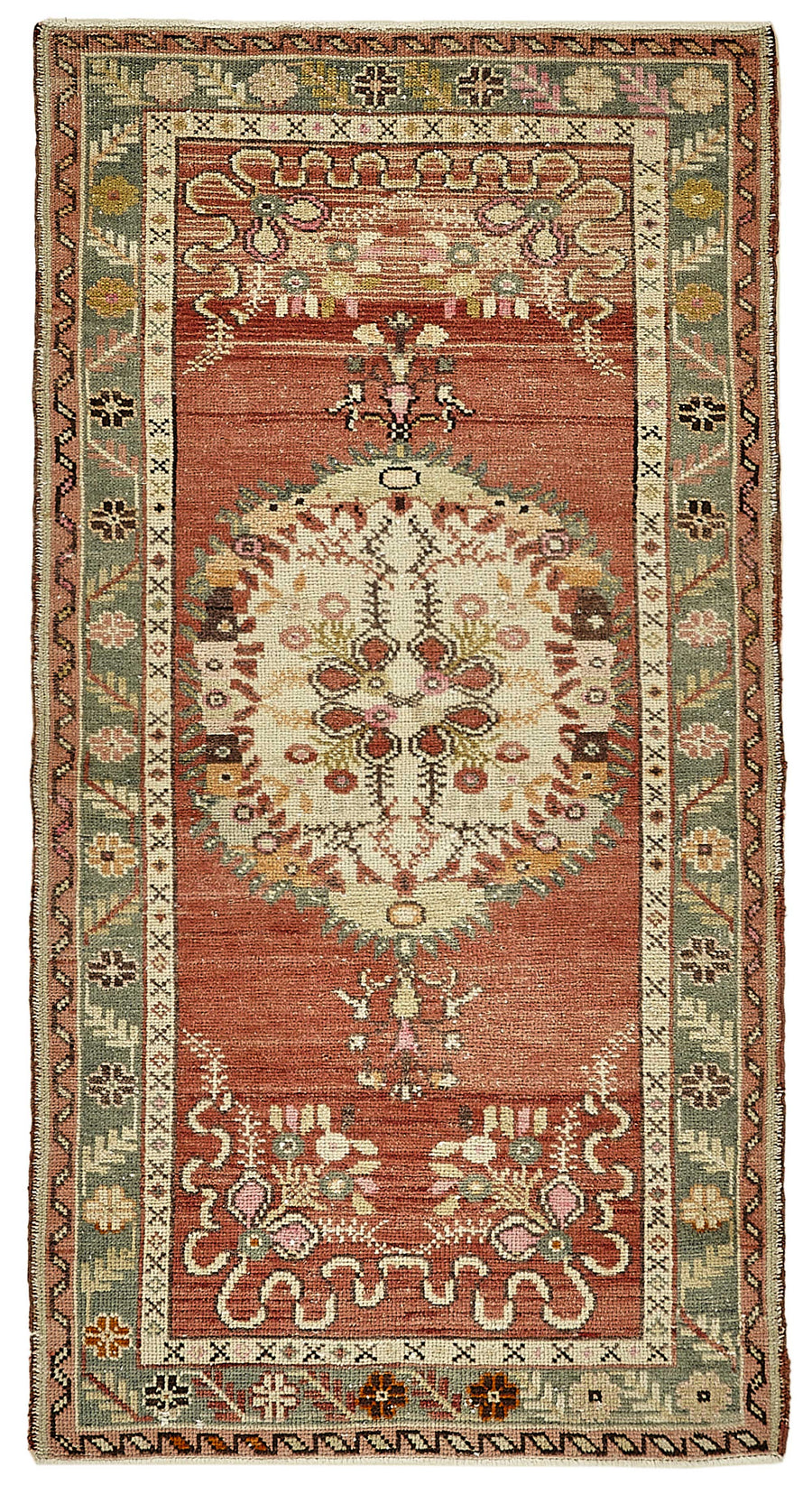 Gekro Kırmızı Madalyon Desenli Yün ve Pamuk Etnik Halı 85x161 cm
