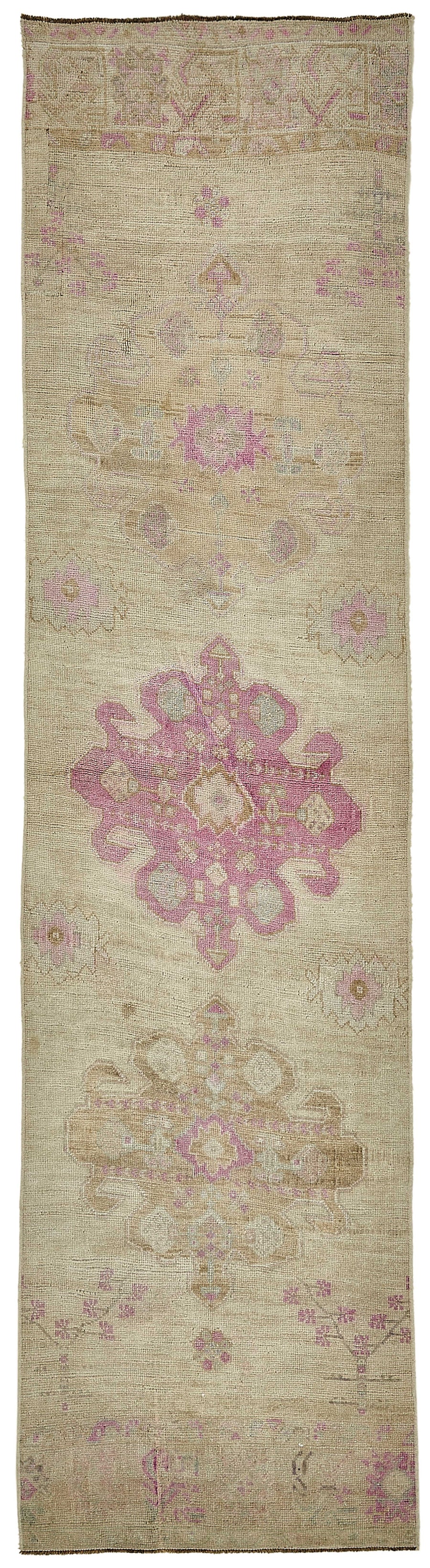 Kovena Bej Pembe Madalyon Desenli Etnik Yün Pamuk El Dokuma Halı 83x330 cm