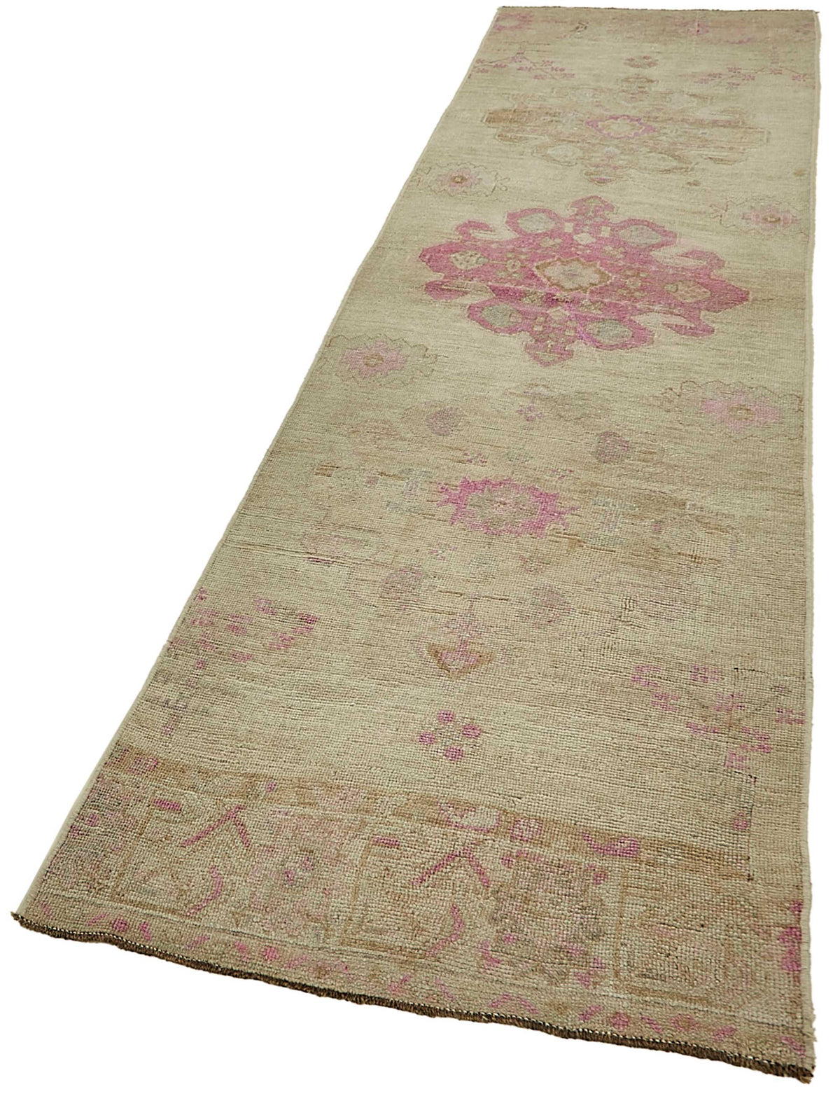Kovena Bej Pembe Madalyon Desenli Etnik Yün Pamuk El Dokuma Halı 83x330 cm – doku yakın çekim