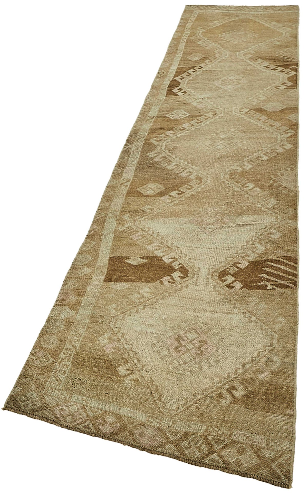 Kovena Kahverengi Bej Geometrik Desenli Yün Yolluk Halı 75x369 cm – doku yakın çekim